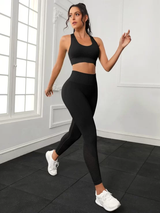 Hollow Out Plain Racer Back Sports Set - Image 7