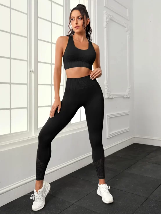 Hollow Out Plain Racer Back Sports Set - Image 6