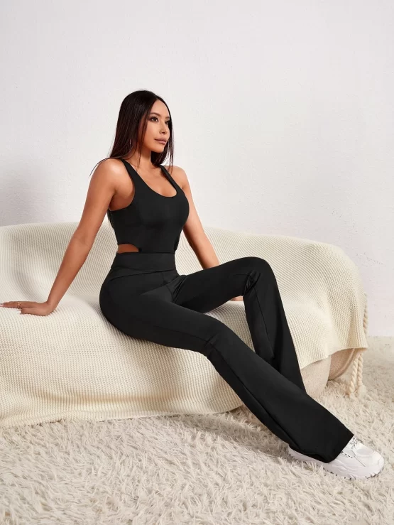 Criss Cross Back Cutout Flare Leg Sports Jumpsuit