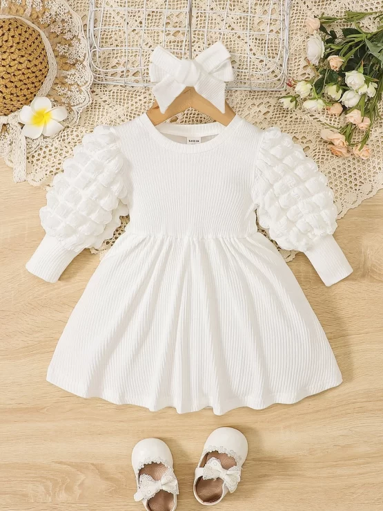 Baby Ribbed Knit Puff Sleeve Dress With Headband