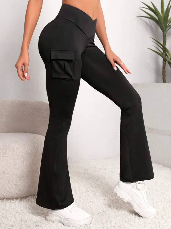 Flap High Waist Pocket Flare Sports Leg Pants
