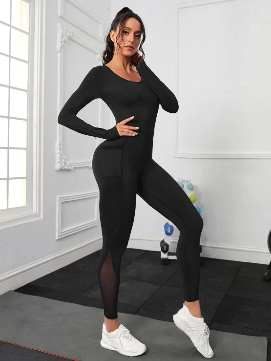 Mesh Panel Criss Cross Back Thumb Holes Sports Jumpsuit