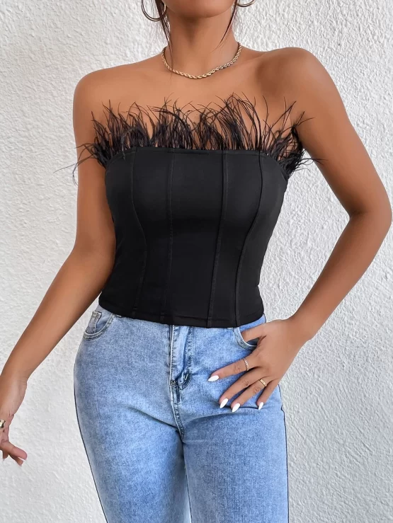 Fuzzy Plain Party Slim Fit Trim Tube Crop Top