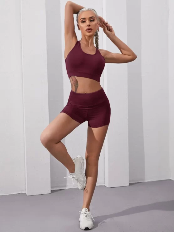 Solid Cut Out Back Sports Bra & Biker Shorts