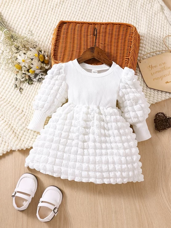 Baby Textured A Line Flared Puff Sleeve Dress