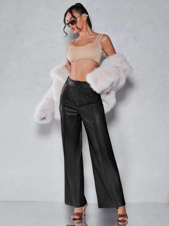 Seam Front PU Leather Zipper Fly Wide Leg Pants