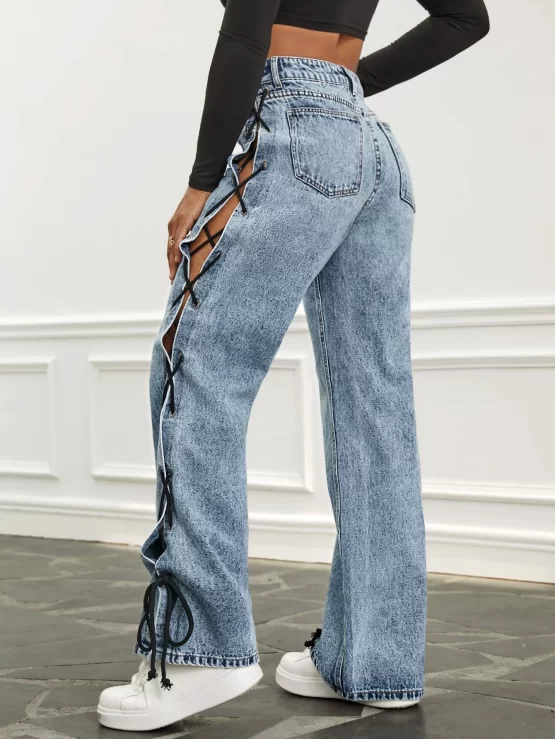 High Waist Lace Up Side Straight Leg Jeans