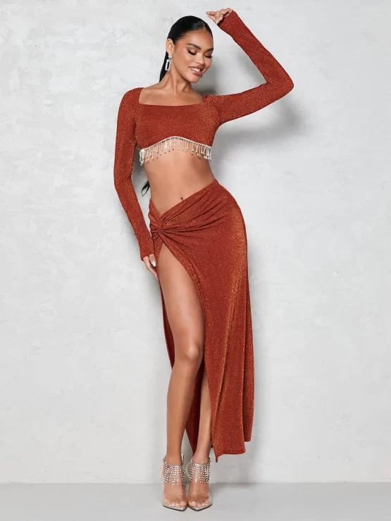 Rhinestone Fringe Trim Crop Top & Twist Front Split Thigh Skirt