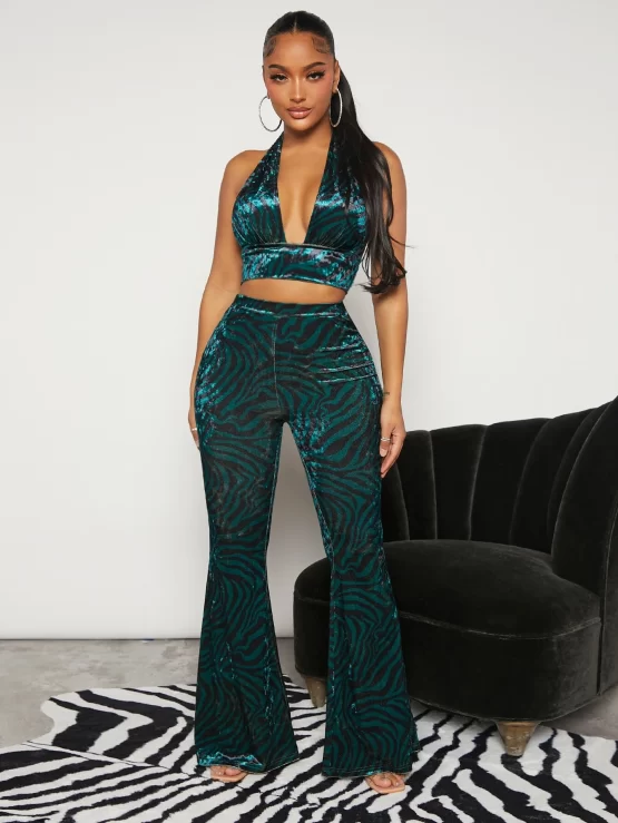 Zebra Striped Backless Crop Velvet Halter Top & Flare Leg Pants