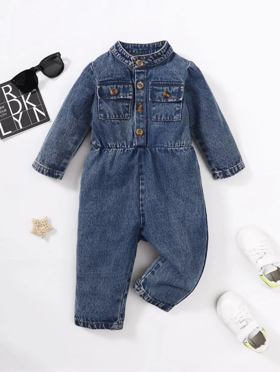 Baby Flap Pocket Denim Button Front Jumpsuit