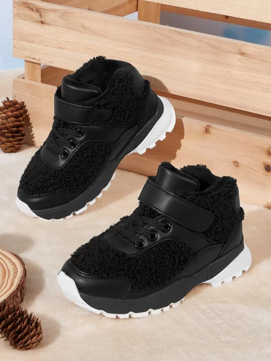 Girls Contrast Fluffy Hook-and-loop Fastener Front Sneakers