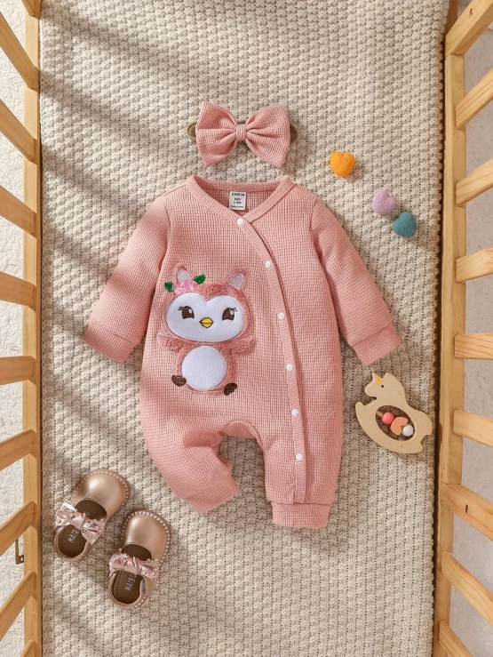 Newborn Baby Cartoon Embroidery Front Jumpsuit & Headband