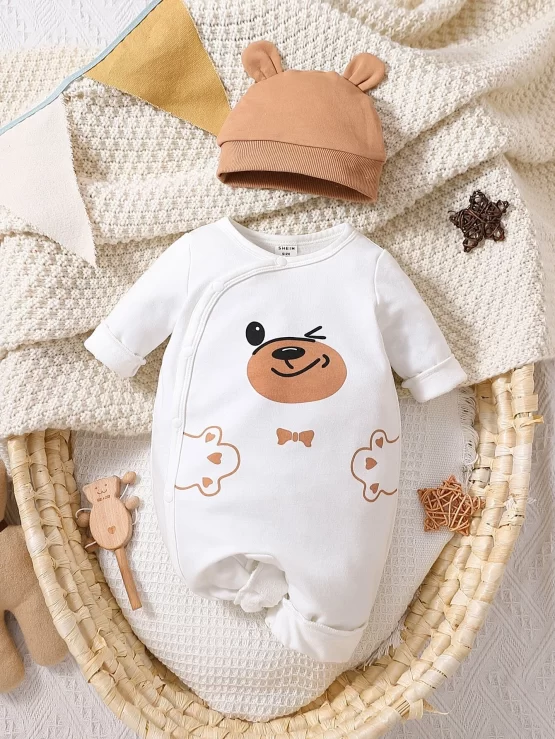 Baby Button Cartoon Graphic Jumpsuit & Hat