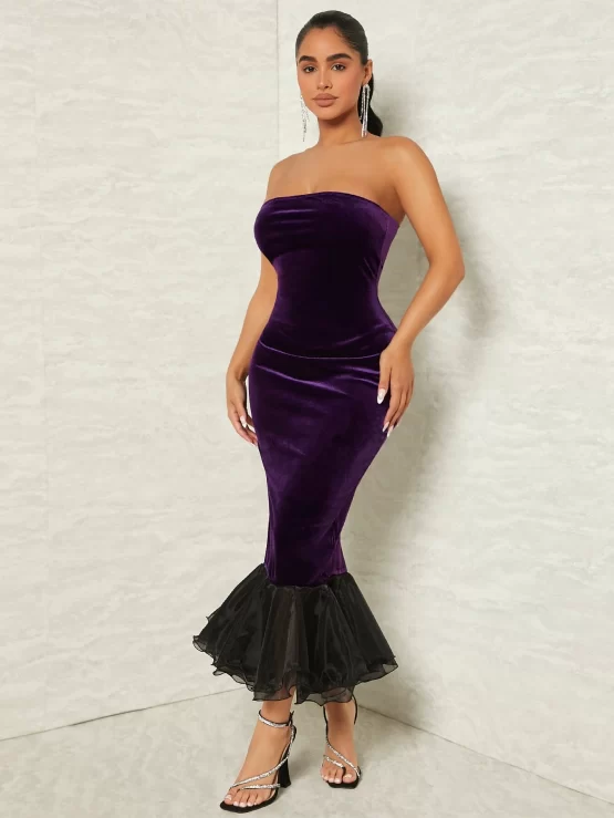 Contrast Mesh Mermaid Hem Velvet Tube Dress