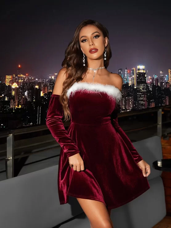 Off Shoulder Contrast Faux Fur Fuzzy Trim Velvet Dress