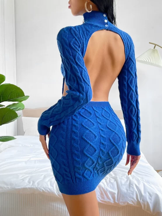 Backless High Neck Cable Knit Sweater Dress