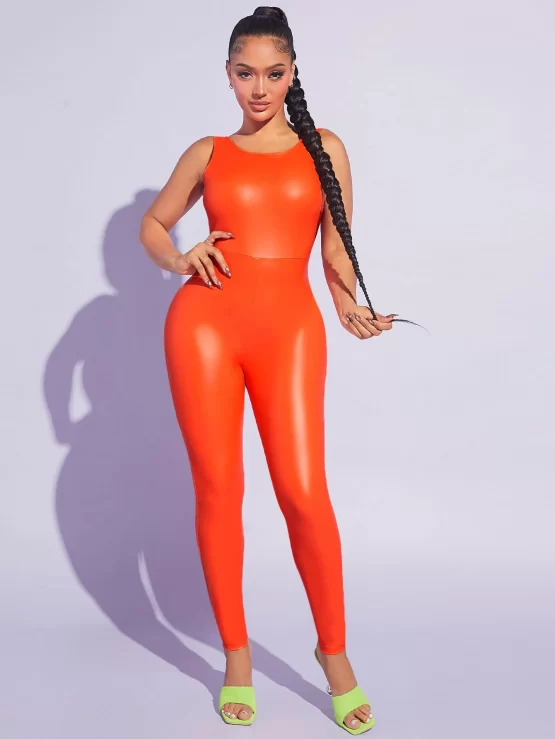 Solid PU Leather Unitard Backless Jumpsuit