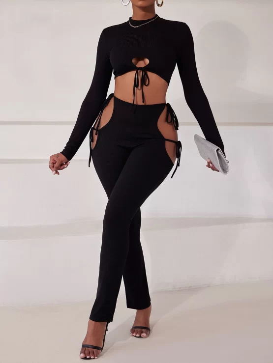 Stand Neck Drawstring Crop Top & Knot Side Cut Out Pants
