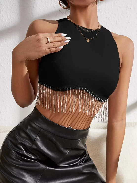 BAE Rhinestone Fringe Zipper Back Tank Top