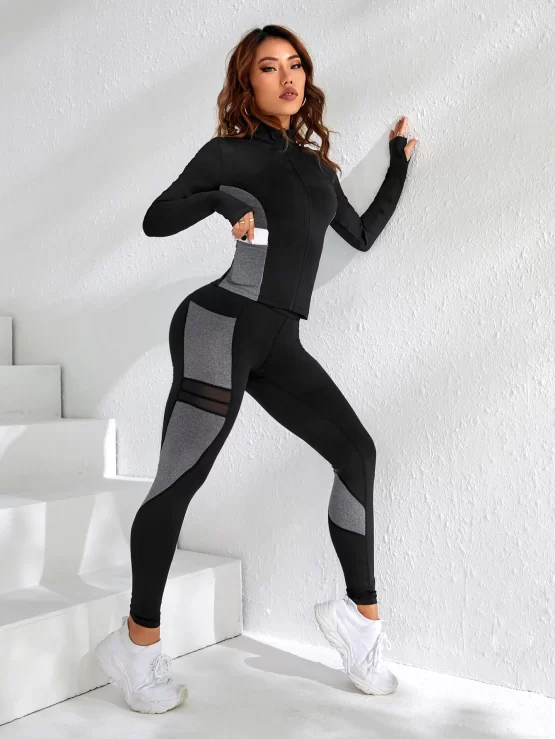 Color Block Contrast Mesh Thumb Holes Sports Set