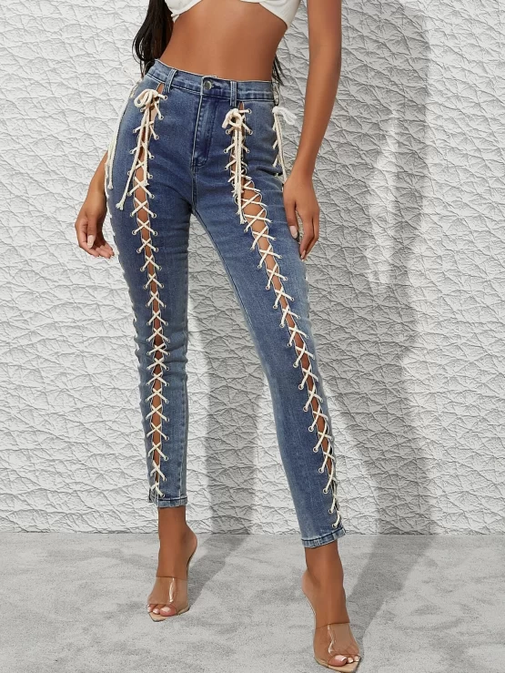 Lace-Up Zipper Fly High-Rise Skinny Jeans