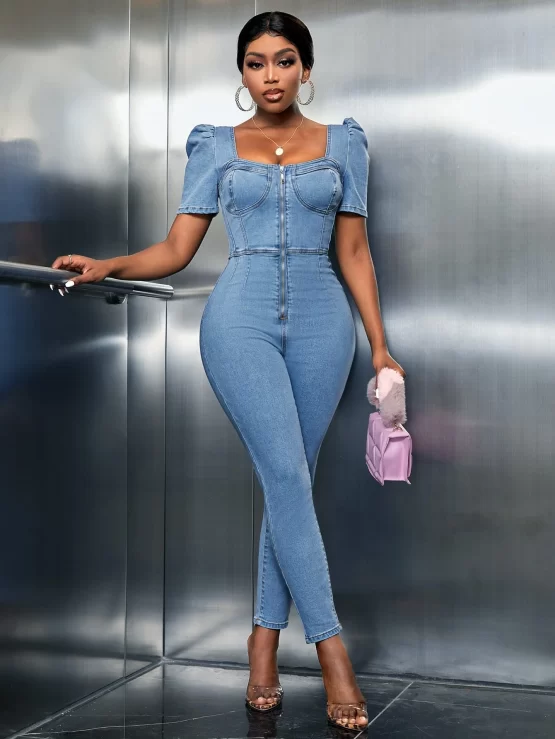 Puff Sleeve Zip Up Bustier Denim Jumpsuit