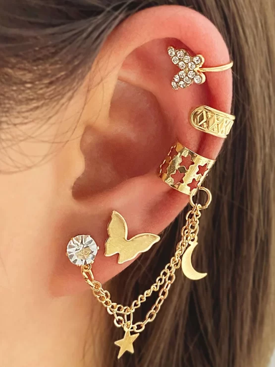 Two Pieces Cubic Zirconia Butterfly Decor Ear Cuff & Two Pieces Earrings