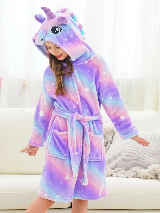 Girls Ombre Unicorn Embroidered Pocket Front 3D Patched Hooded Flannel Lounge Belted Robe