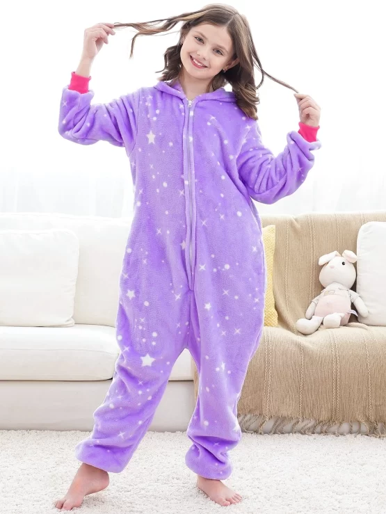 Girls Star Print Hooded Flannel Sleep Onesie