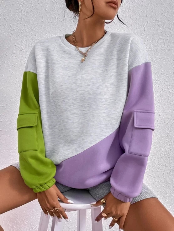 Color Block Flap Pocket Drop Shoulder Sweatshirt