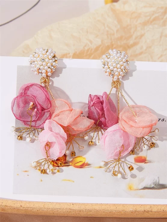 Flower & Faux Pearls Decor Drop Earrings