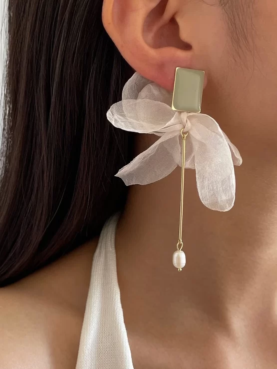 Faux Pearls & Fabric Bow Decor Drop Earrings
