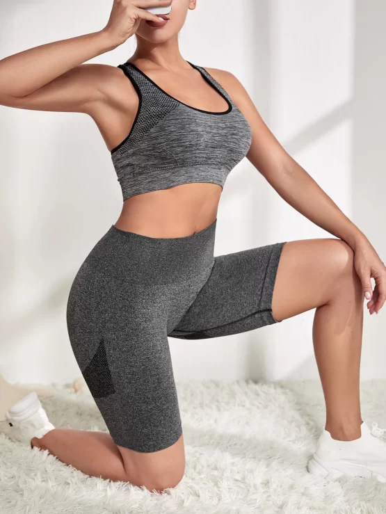 Seamless Contrast Binding Marled Knit Sports Set