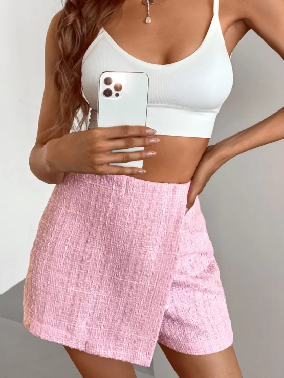 Tweed Solid Wrap Culotte High Waist Shorts