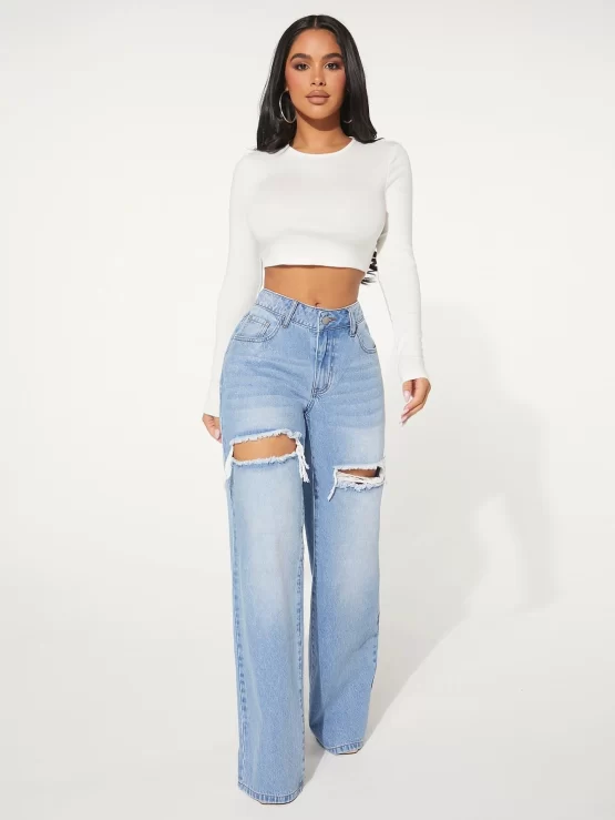 Single Button Cut Out Ripped Frayed Wide Leg Jeans