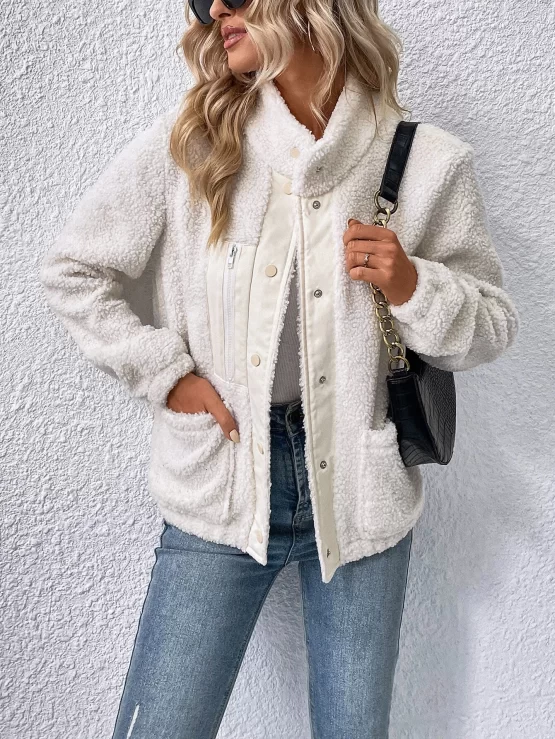 Dual Pockets Snap Button Fleece Teddy Jacket