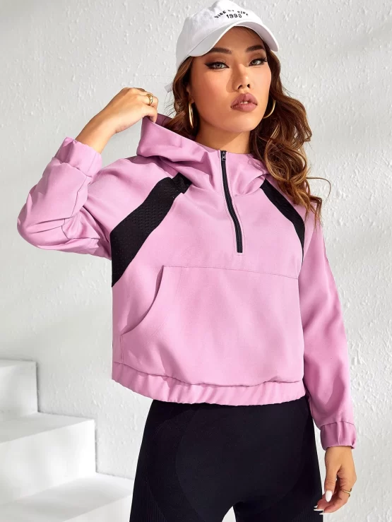 Color Block Half Zip Kangaroo Pocket Hooded Sports Sweatshirt