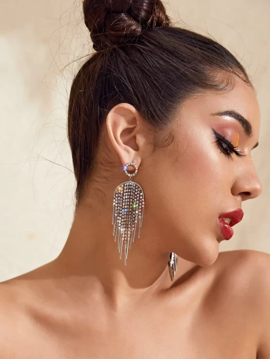 One Pair Rhinestone Decor Fringe Drop Earrings
