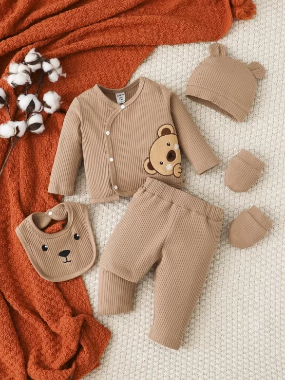 Newborn Baby Cartoon Embroidery Tee & Pants & Hat & Bib & Gloves