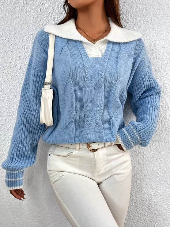 Contrast Collar Cable Knit Drop Shoulder Sweater