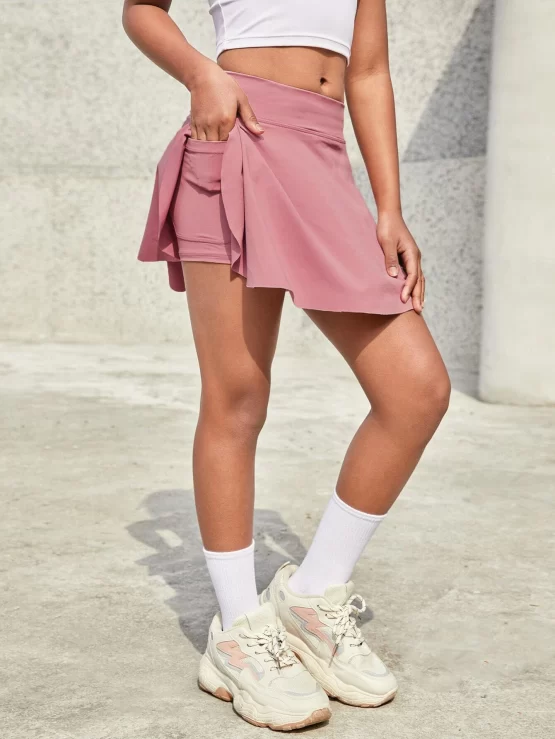 Girls Solid Flared Plain Casual Pocket Detail Skirt