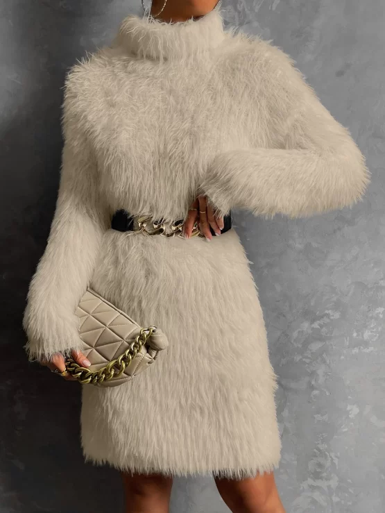Turtleneck Fluffy Knit Sweater Dress Without Belt