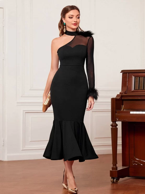 Modely Fuzzy Trim Asymmetrical Neck Fishtail Hem Dress