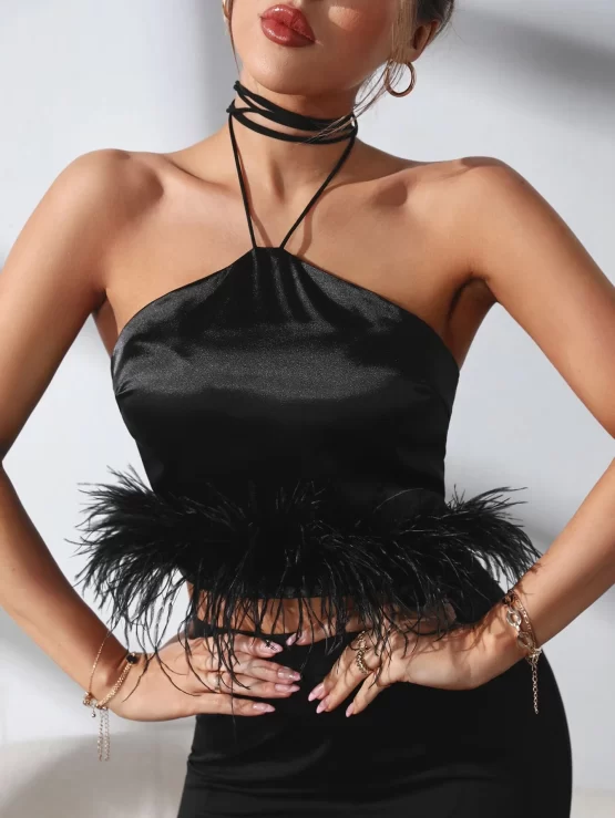Halter Neck Fuzzy Trim Faux Fur Satin Crop Top
