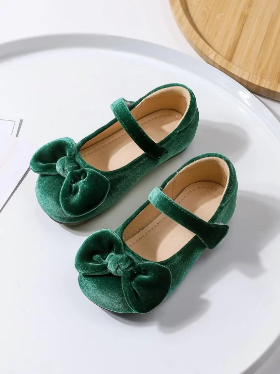 Girls Bow Decor Plain Velvet Mary Jane Flats