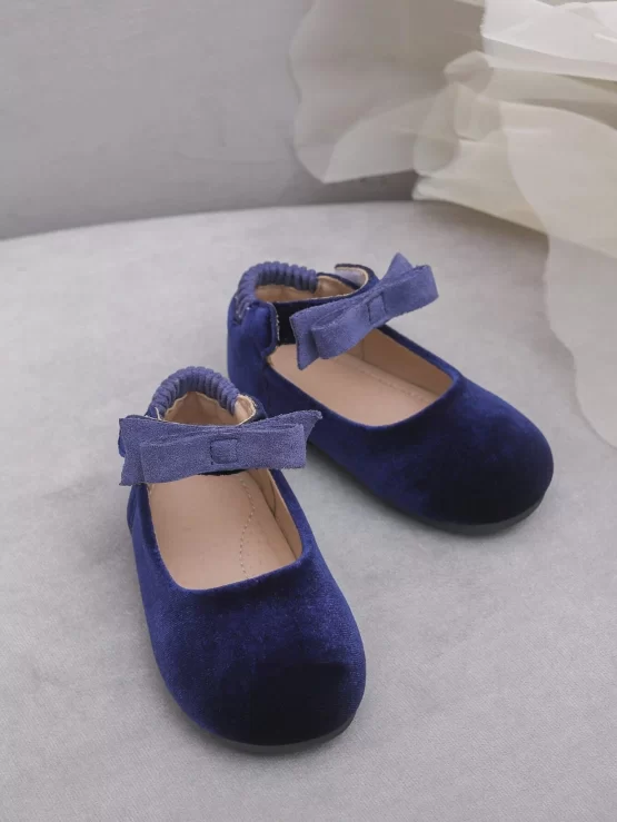 Girls Bow Plain Decor Velvet Ankle Strap Flats
