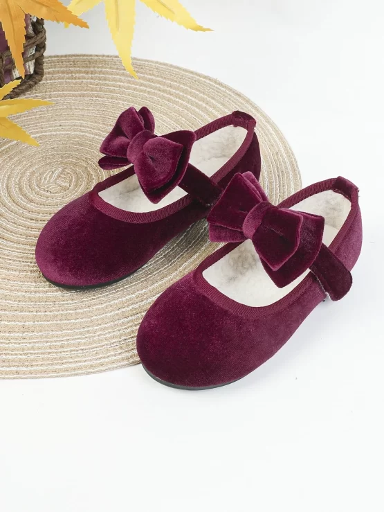 Girls Bow Decor Velvet Teddy Lined Mary Jane Flats