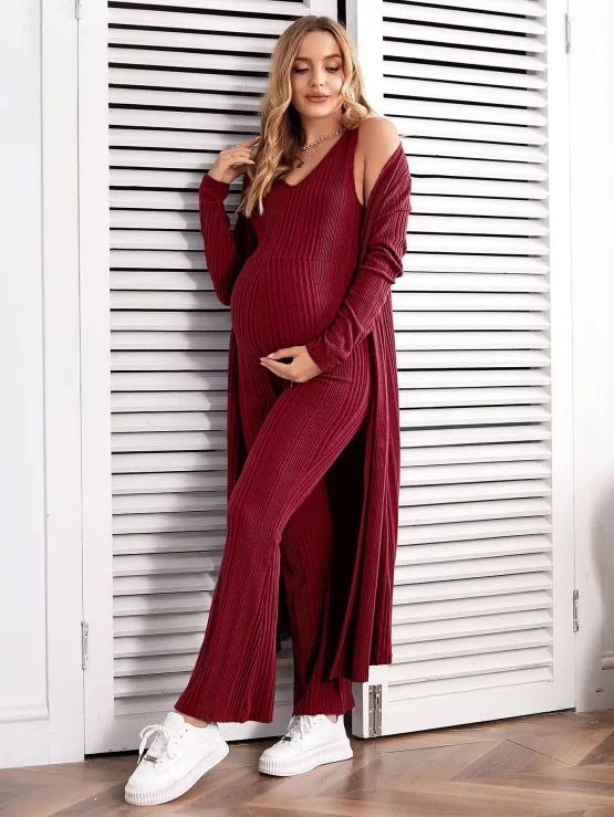 Maternity Drop Shoulder Open Front Coat & Jumpsuit