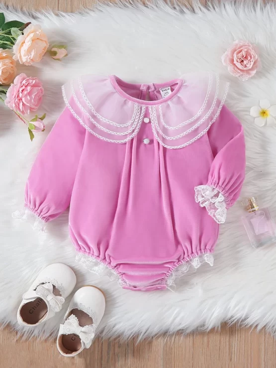 Baby Contrast Mesh Ruffle Lace Trim Button Front Bodysuit