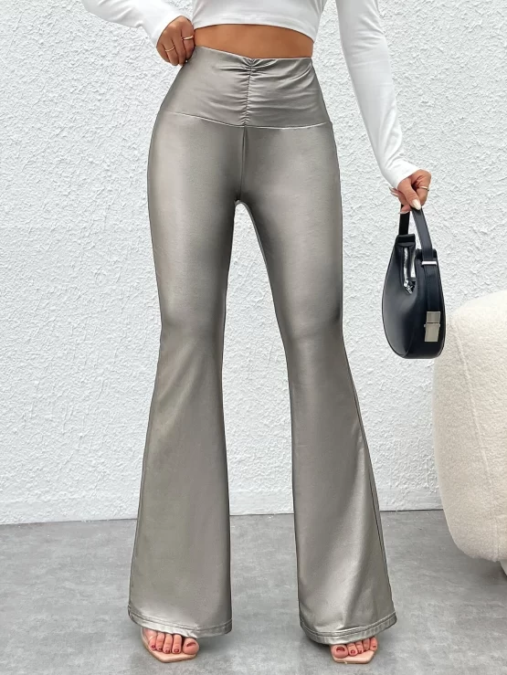 Ruched Natural PU Leather Flare Leg Pants